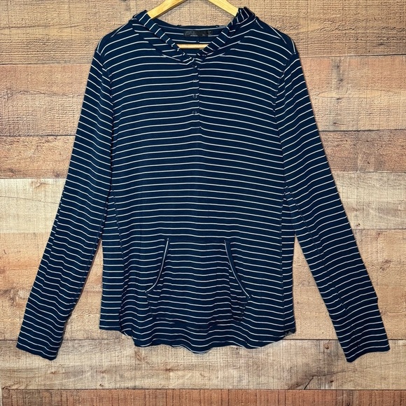 Prana Sol Protect Navy Blue White Striped Hooded Shirt Sz XL - Picture 5 of 14